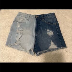 Blue Jean Shorts with Dual-Color Design and Frayed Hem